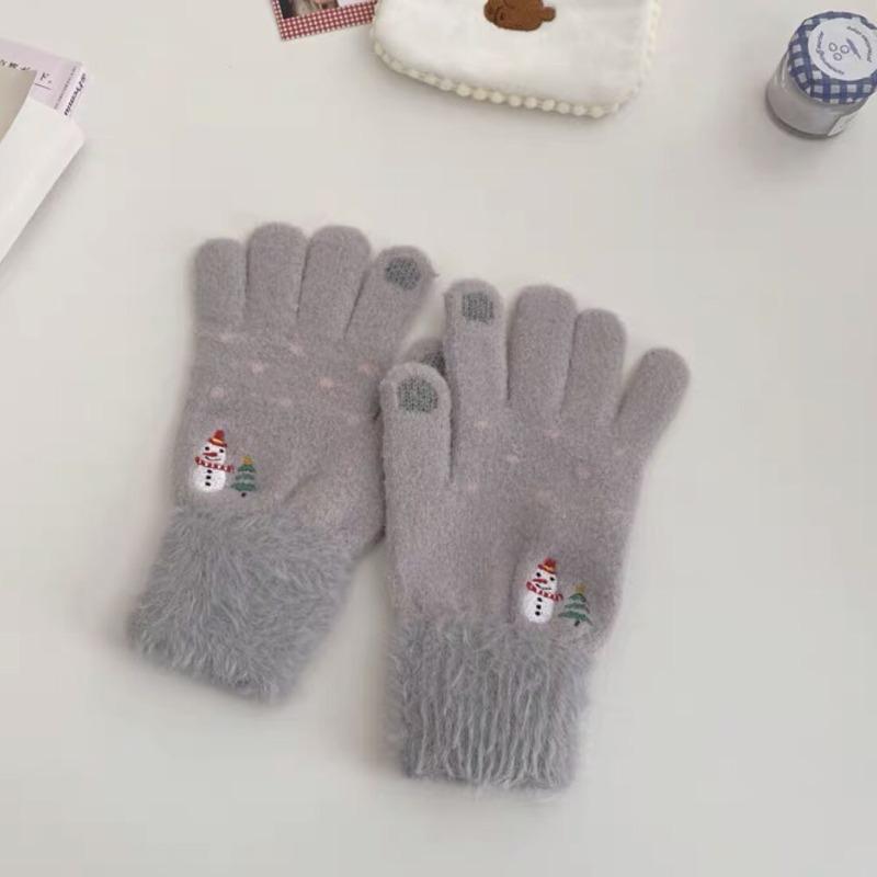 Cartoon Thermal Gloves Women Winter Thickened Cute Couple Student Cold Knitted Wool Riding Five Fingers