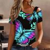 Women Butterfly Print Cold Shoulder Short Sleeve T Shirt Irregular Cutout Neck Casual Summer Blouse Top