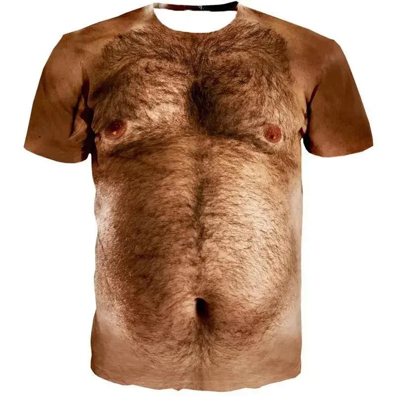 2024Vtipné svalnaté tělo 3D tištěné tričko Pánské značkové oblečení Streetwear Top s krátkým rukávem Trička Ošklivé chlupy na hrudi Tričko Oblečení