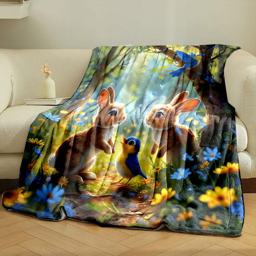 "Forest Friends: Bunnies and Bird" Print Blanket Soft and Cozy Perfect for the Living Room Bed Sofa or a Nap,gift