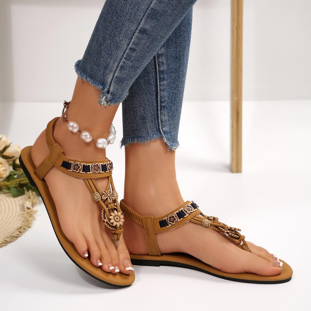 Women's Large-sized Bohemian Beaded Stylish Flat Sandals, Summer New Style Flat Breathable Casual Sandals for Women