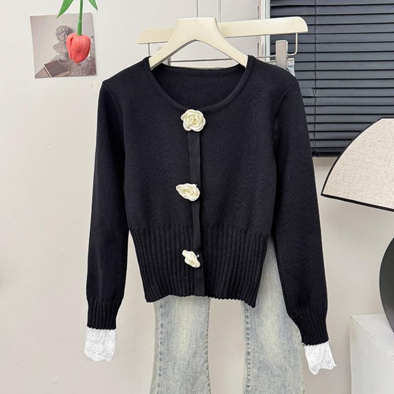French Floral Lace Patchwork Waist Slimming Versatile Base Layer Knit Top Cropped Sweater Women