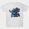 Pánské černé tričko s potiskem Toothless a Stitch, potisk na přenosovém papíře bez ořezu, bavlněné tričko