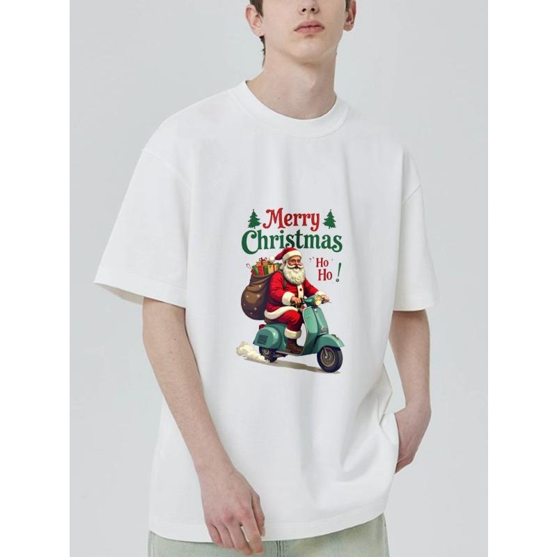 Christmas T Shirt Black Santa Claus Riding Scooter with Gift Bag and Merry Christmas Text Holiday Party Casual Wear