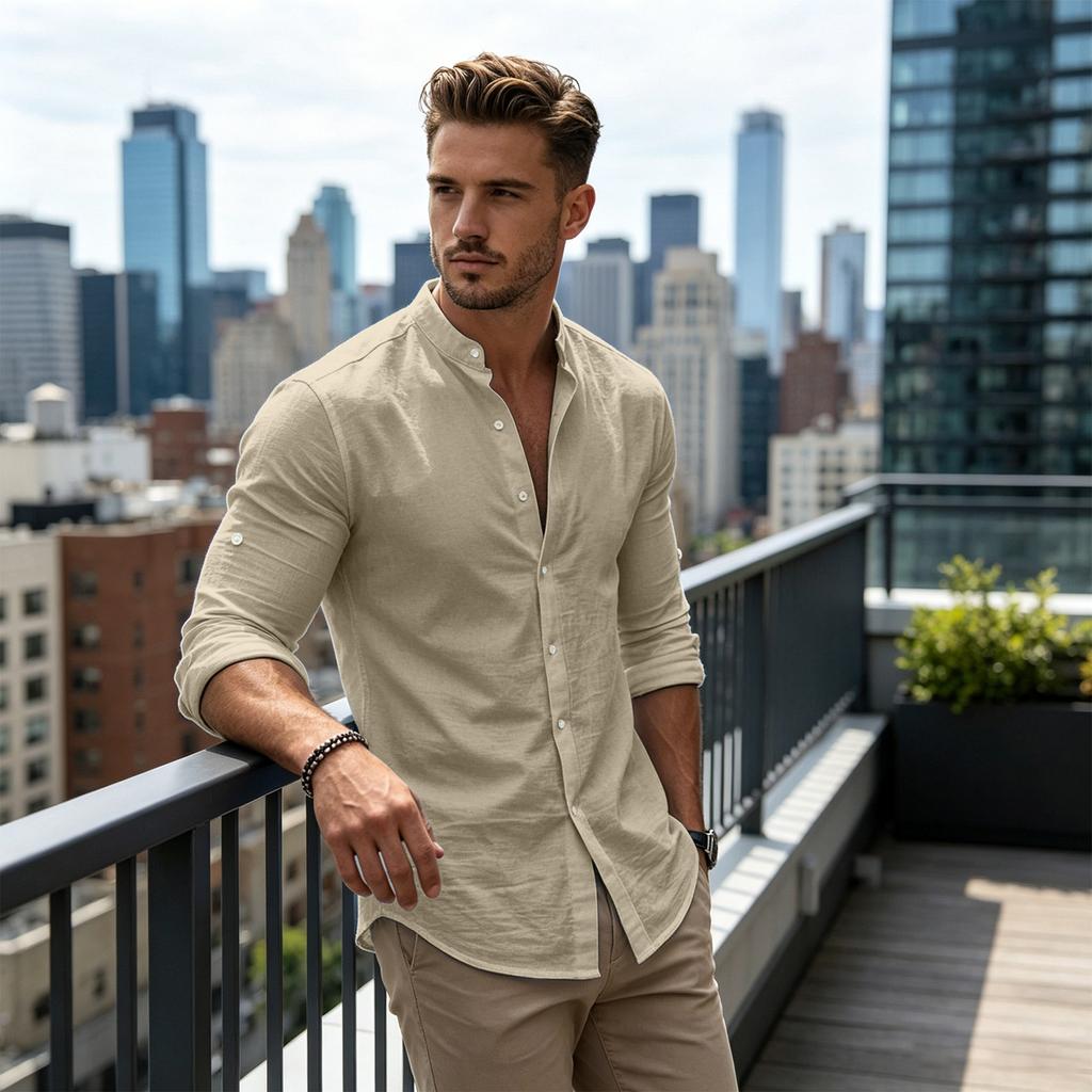 Men’s Casual Long Sleeve Linen Shirt with Button Down Mandarin Collar Lightweight Breathable Comfortable Fit for Daily Wear