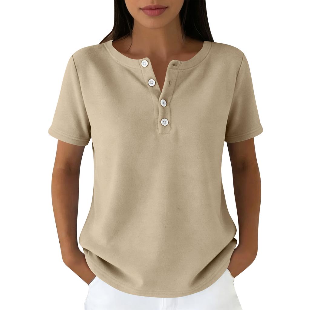 Lässiges Damen-T-Shirt in verschiedenen Farben, V-Ausschnitt, kurzen Ärmeln und Zierknöpfen.