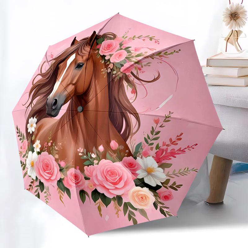Horse Theme Folding Umbrella - Fashionable Auto-Open Design 8 Iron Ribs Plastic Handle Foldable Sunshade Perfect Christmas Gifts