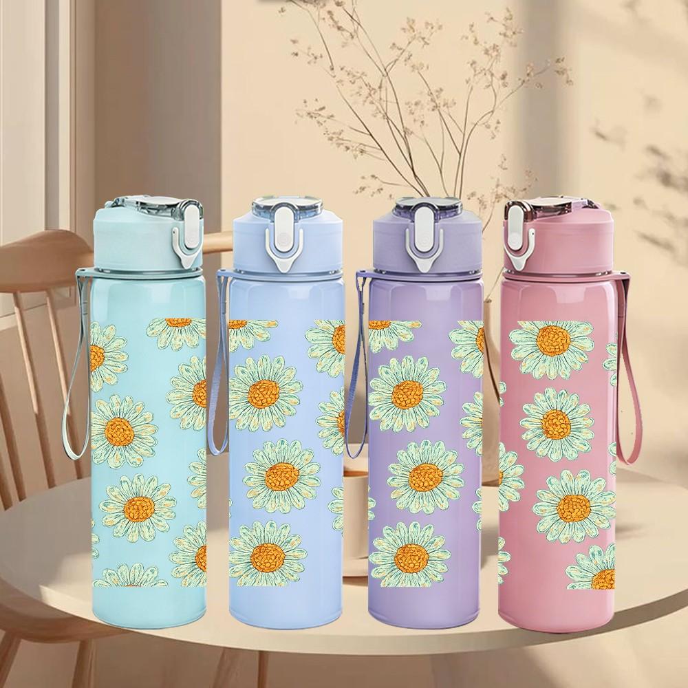 1PC Daisy Floral Print 750ml Color Plastic Sports Water Bottle Leakproof Flip Straw Lid Suitable for Sports Office Home Use