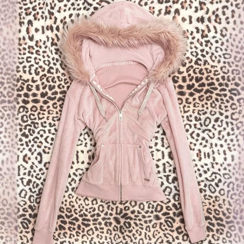 Y2K Retro Chic Hooded Crop Sweatshirt Women With Faux Fur Trim Zipper Front Slim Fit Long Sleeve