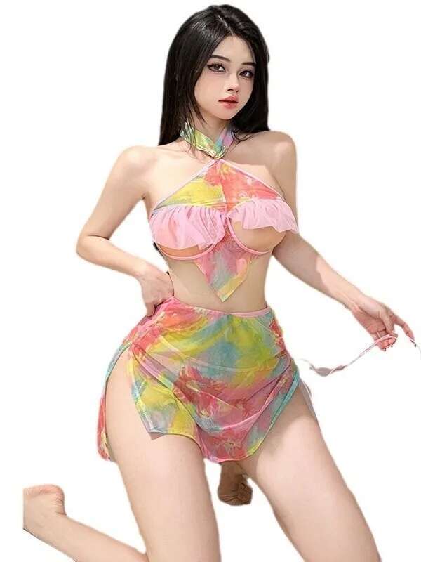 Color Sweet Tank Mini Dress Sexy Women New Backless Cheongsam Uniform Temptation Sheer Print Dress Elegant 2025 New Tops DE58