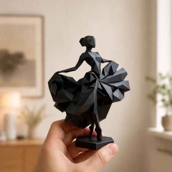 Geometric Faceted Dancer Figurine, 3D Printed Black Ballet Dancer Statue, Modern Ballerina Sculpture for Home Shelf Table Decor