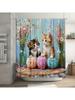 1PC Adorable Kitten Playing with Yarn Shower Curtain, Durable Polyester,Cute Cats & Floral Design, for Bathroom & Window Decor