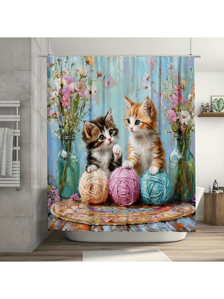 1PC Adorable Kitten Playing with Yarn Shower Curtain, Durable Polyester,Cute Cats & Floral Design, for Bathroom & Window Decor W90xH180cm