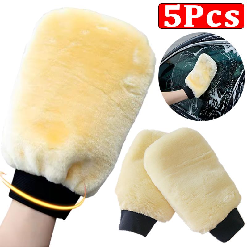 1/5Pcs Double-sided Plush Car Wash Gloves Soft Thickened Imitation Wool Wiping Car Dusting glove Polishing Waxing Cleaning Tools