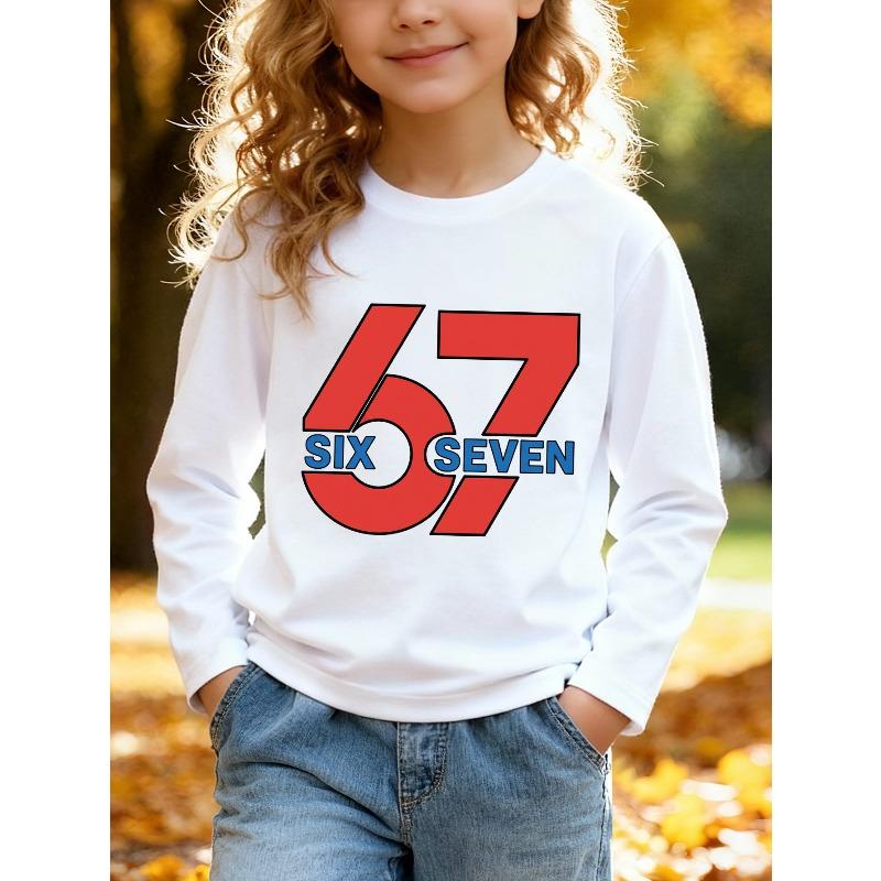 Kids Unisex Crewneck Sweatshirt, Bold Red Block 67 SIX SEVEN Contrast Blue Text Long Sleeve Pullover, Soft Fleece Sweatshirts for Boys Girls Ages 4+
