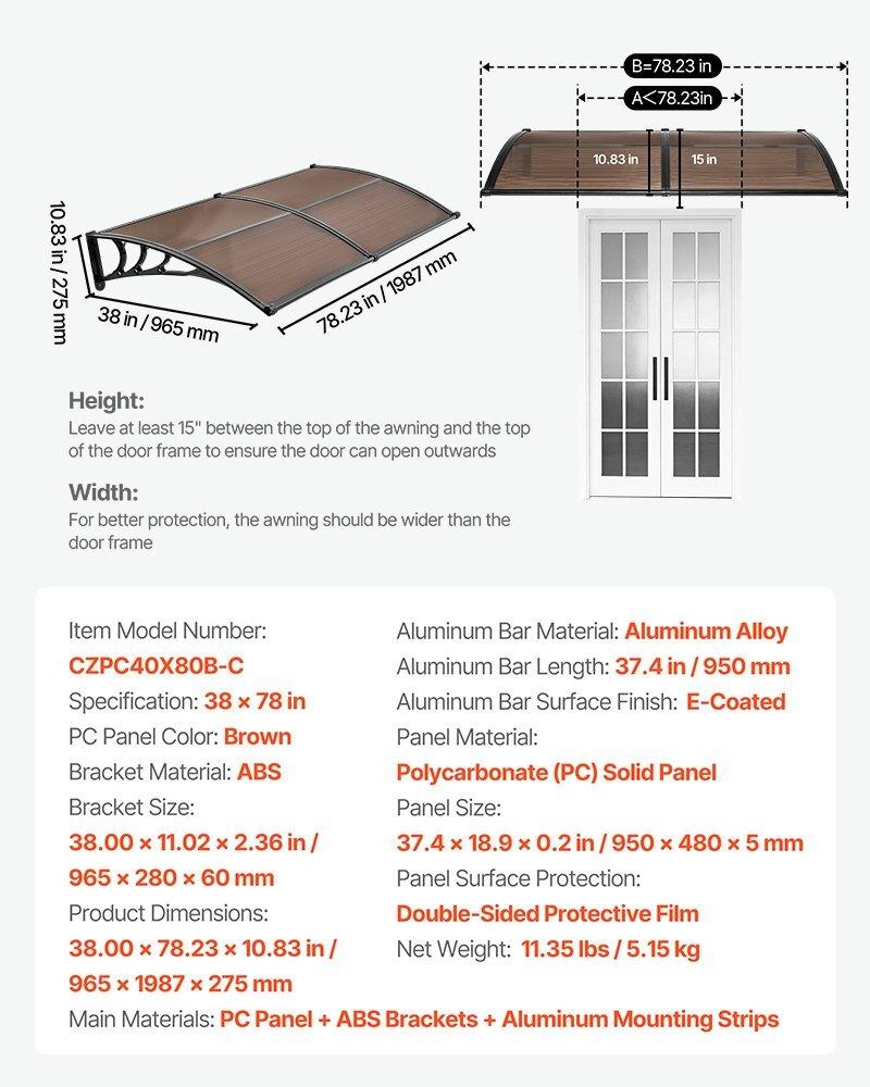 Awnings for Door Entrance, 38 x 78 in, Exterior Front Door Window Awnings with Drainage & Metal Bracket, Rain Snow Sun Protection, Overhang
