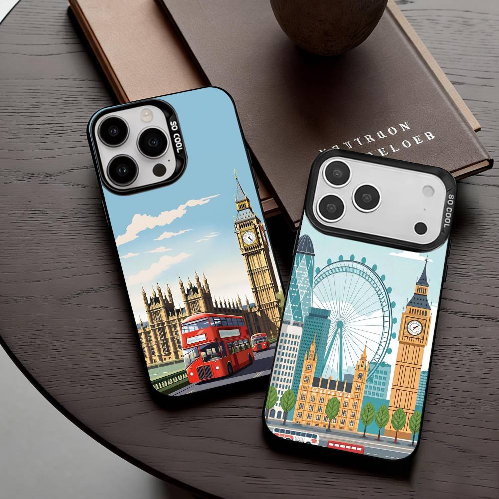 L-London Bus England Big B-Ben Phone Case For iPhone17,16,15,14,13,12,11 Plus,Pro Max Candy Silver Plated Inside Cover