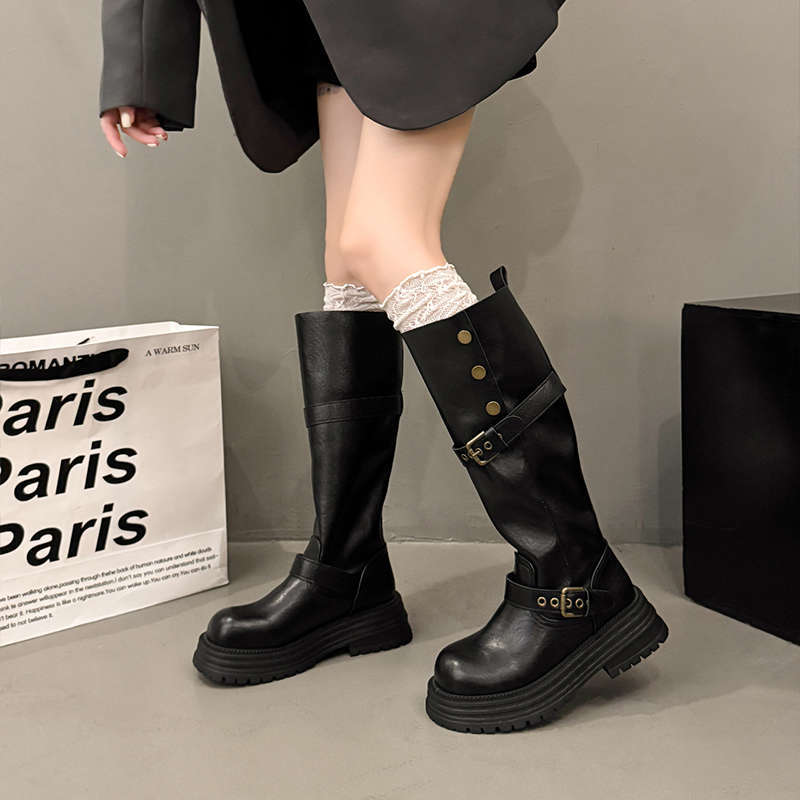 Brown retro British style thick heel platform boots women's 2025 new autumn but knee height knight boots
