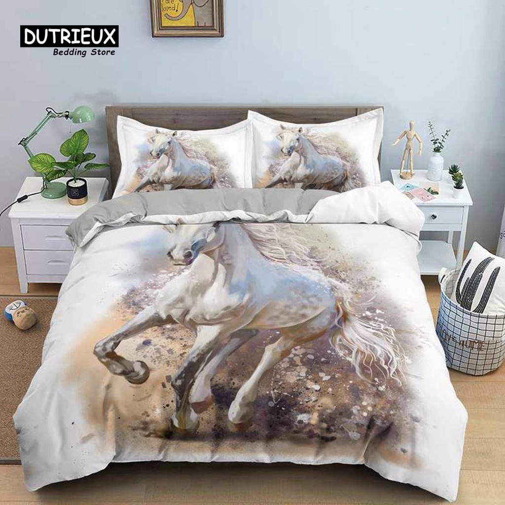 Horse Duvet Cover 3D Steed Farm Animal Comforter Cover Polyester Exotic Style Western Cowboys Bedding Set Twin For Kids Boy Teen