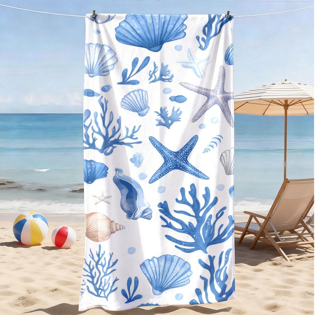 Nautical Sea Shell 2D Flat Printed Microfiber Beach Towel Waterproof Sandproof Summer Vacation Pool Bath Blanket Gift
