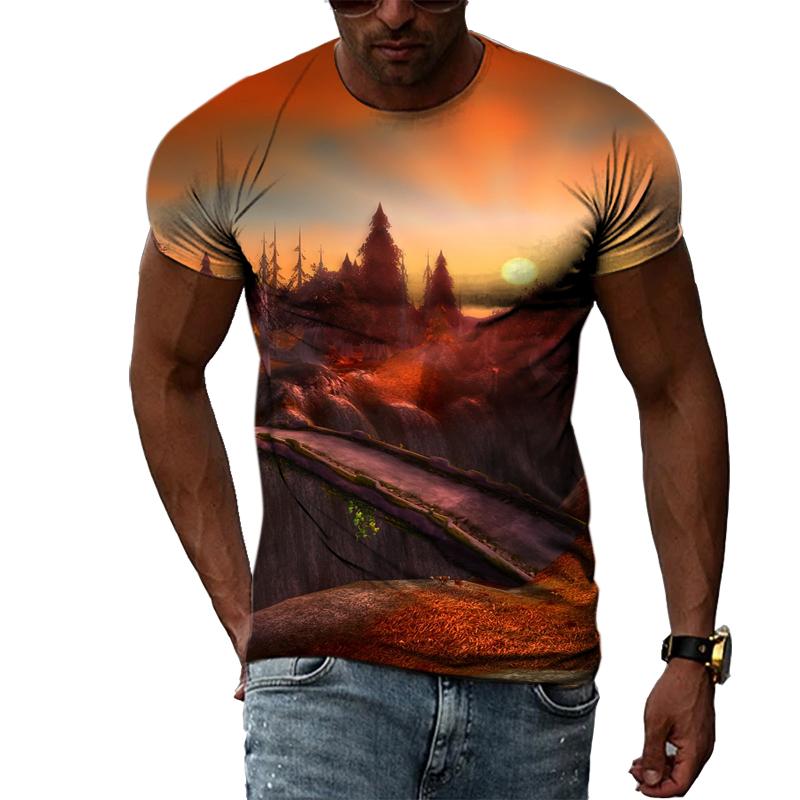 Summer Landscape Pattern T-shirts Casual Personality Hip-hop Trend Round Neck Tees Fashion Men's Street Cool Short-sleeve Top