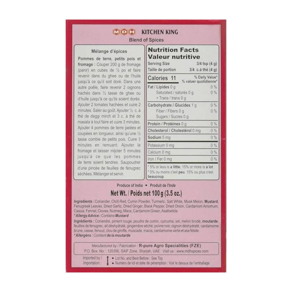 MDH Kitchen King Gemischte Gewürze Pulver 100g Packung Authentische Nordindische Curry Masala Mischung