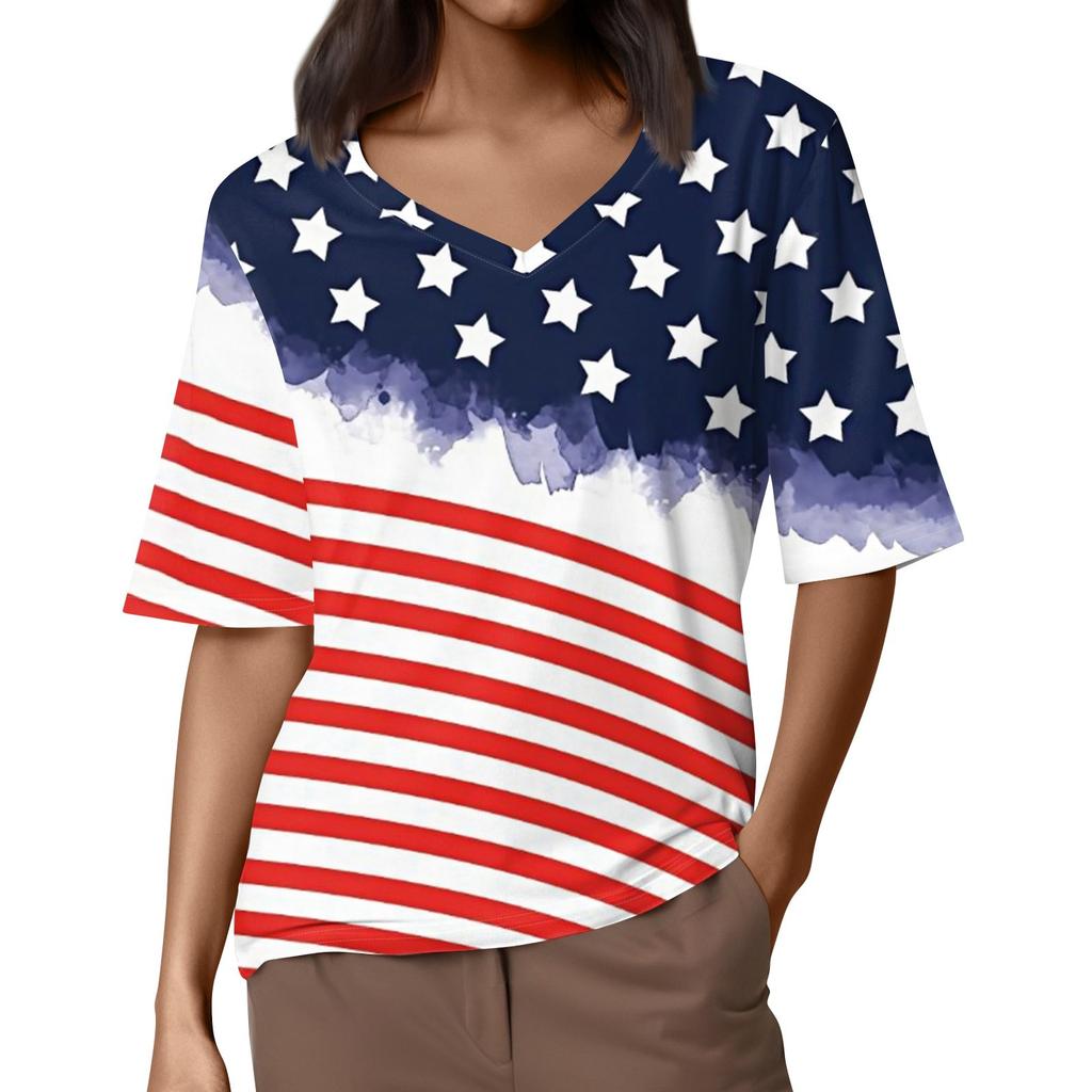 Women's V Neck T Shirts Half Sleeve Tops Printed Casual Summer Tees T Shirt Blouse
