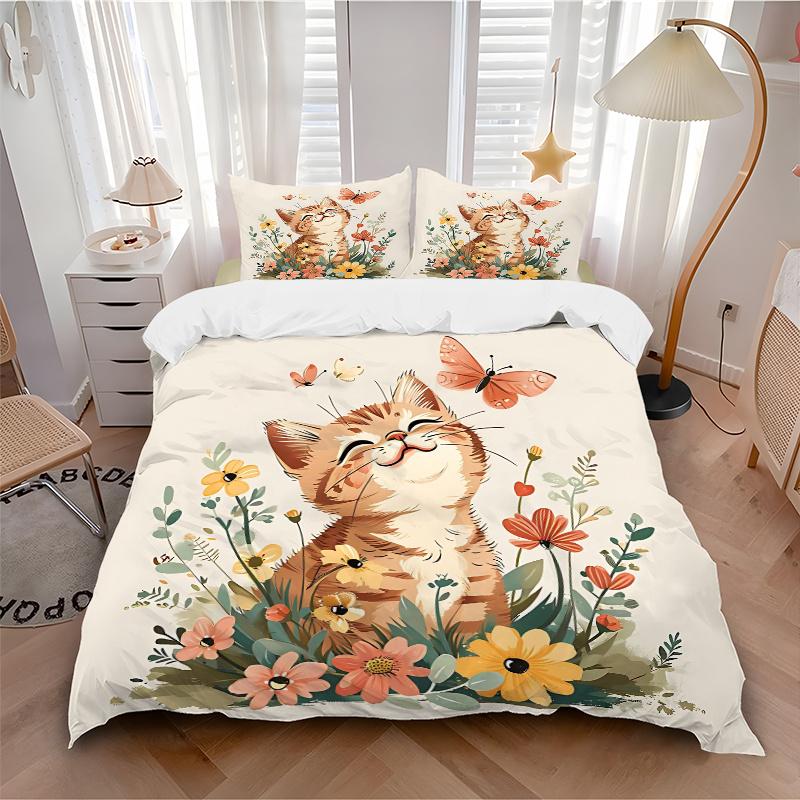 3pcs Butterfly and Cat Pattern Bedding Three-Piece Set (1 Cover + 2 Pillowcases, No Fillings), This Printed Bedding Set Is Soft and Comforta