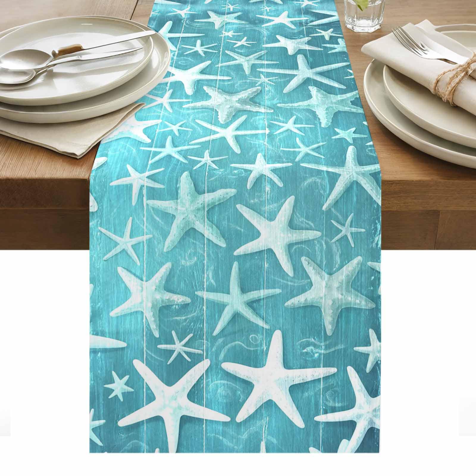 Chemin de table en lin à motif bois étoile de mer océanique d'été Décoration de fête de vacances Chemin de table réutilisable pour table de cuisine et de salle à manger Décoration de mariage 150x33cm