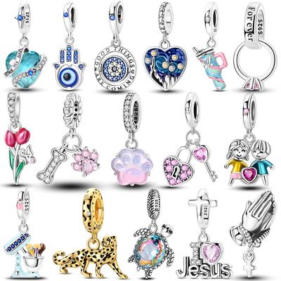 Real Copper Jesus Charms Bead Cz Zircon Butterfly Pink Paw Print Pendants Fit Original Bracelet Diy Jewelry Marking