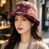 Wool Plaid Hat Women's Curled Edge Autumn and Winter Women's Bucket Hat Top Hat Short Brim Modified Face Temperament Thickened Thermal Hat