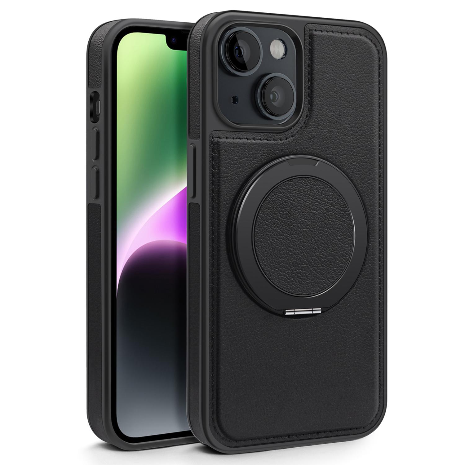 

For iPhone 14 Case with Ring Kickstand Compatible with MagSafe PU Leather Back Cover Black