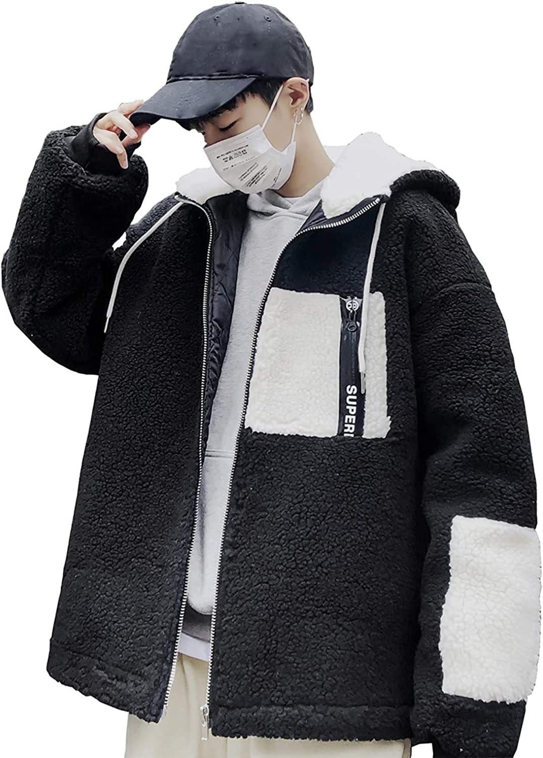 

Boa Fleece Hooded Brushed Splice Winter Fleece Cold Thick Fleece Loose [foveitaa] Куртка, овечья шерсть, мужская куртка, пальто, куртка, подкладка, мужская