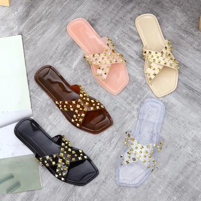 Tongs d'été pour femmes Sandales cloutées pour femmes Sandales plates croisées Pantoufles cloutées pour filles Pantoufles de plage Chaussures en gelée 36-40