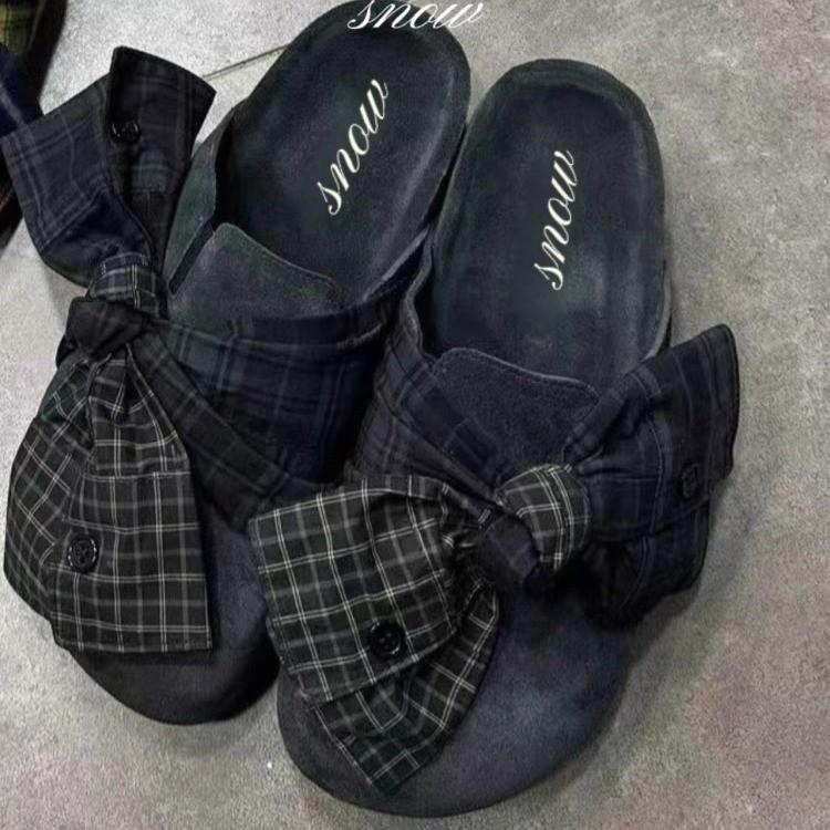 Platform women's shoes summer new retro leather versatile bow lazy bag head half slippers