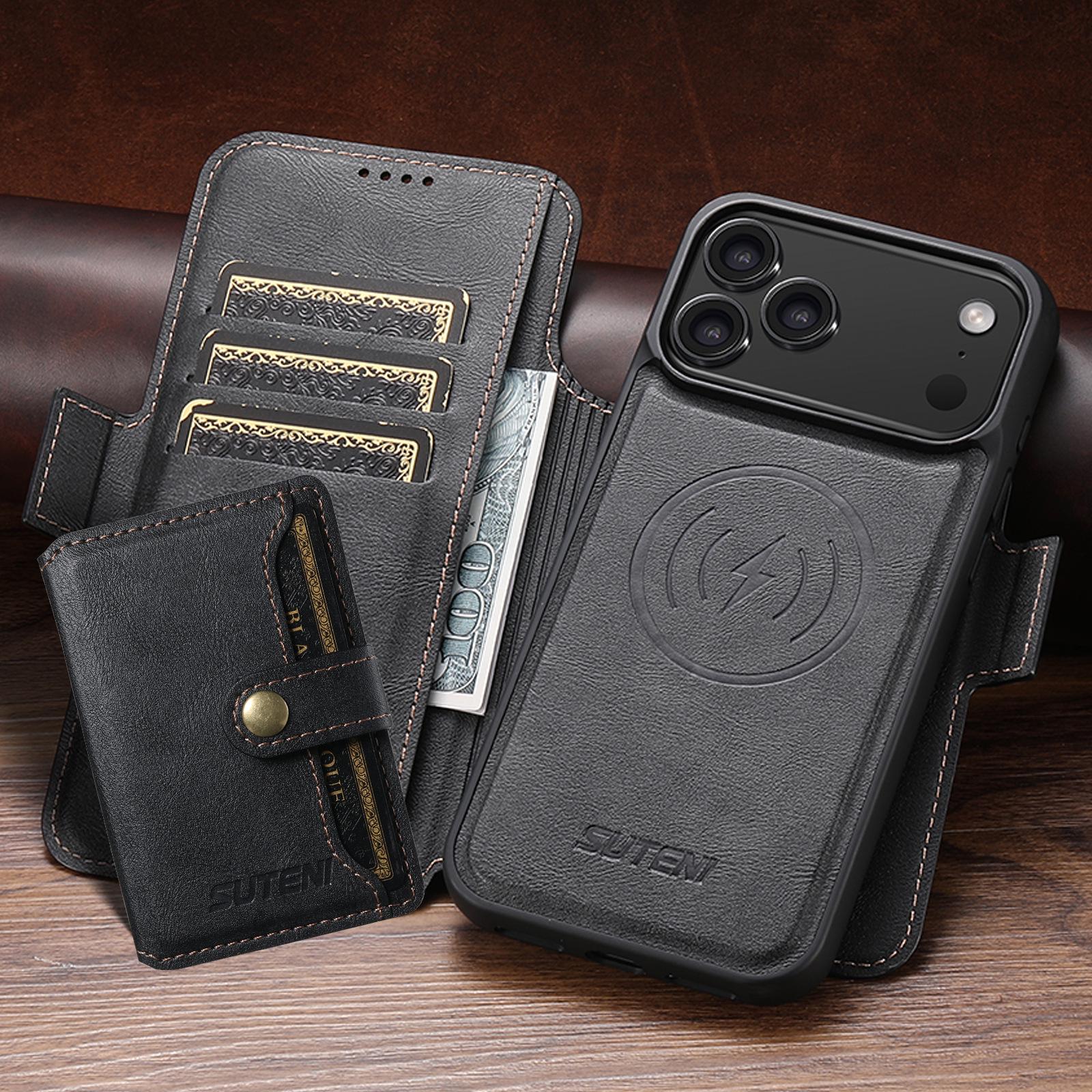 

Кожаный чехол-книжка для iPhone 17 Pro Max: Слот для карты, Магнитный, Подставка для беспроводной зарядки iPhone 15 чёрный