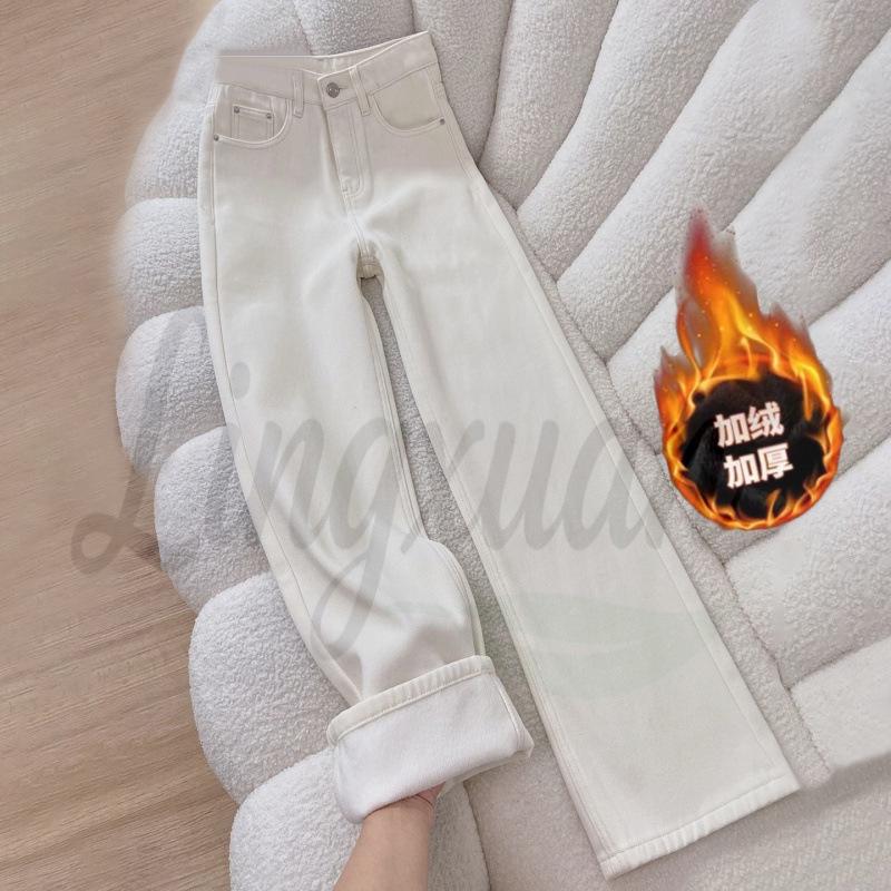 Apricot Velvet Wide-Leg Jeans: Women s 2026 Autumn/Winter High-Waisted Warm Straight-Leg Pants XL