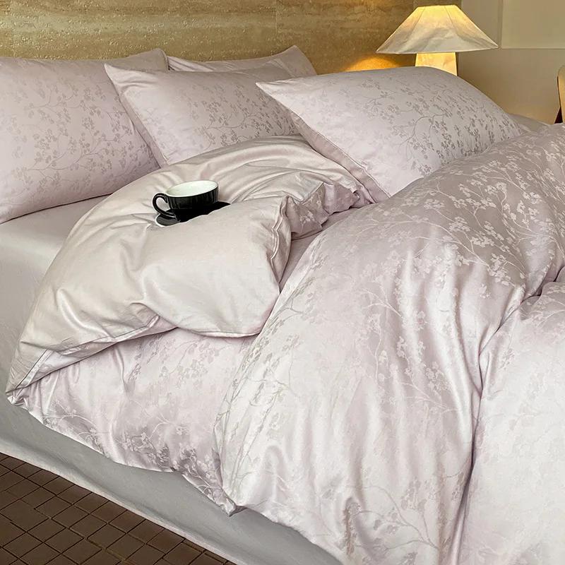 Light Luxury Satin Jacquard Solid Fitted Sheet Sets Pure Cotton Skin-Friendly Soft Quilt Cover 1.5/1.8M Bed Bedding for Adults