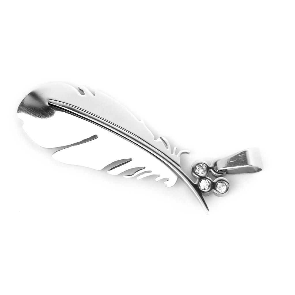 Stainless Steel Feather Necklace Charm Pendant W/ Rhinestone - Silvery