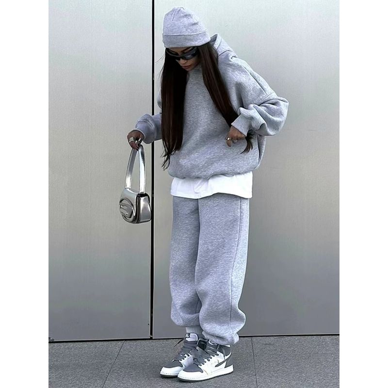 

Fashion Autumn and Winter Leisure Sports Hooded Sweatshirt Skinny Pants Suit Hooded Top and Pants Set Melange gray M