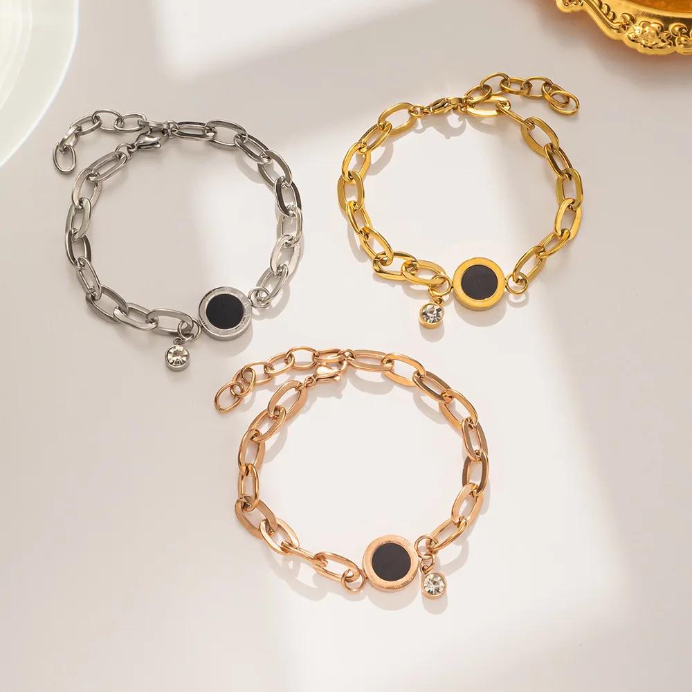 Luxury Gold Stainless Steel Crystal Pendant Bracelet for Women New Trendy Circle Roman Numerals Bangle Party Jewelry