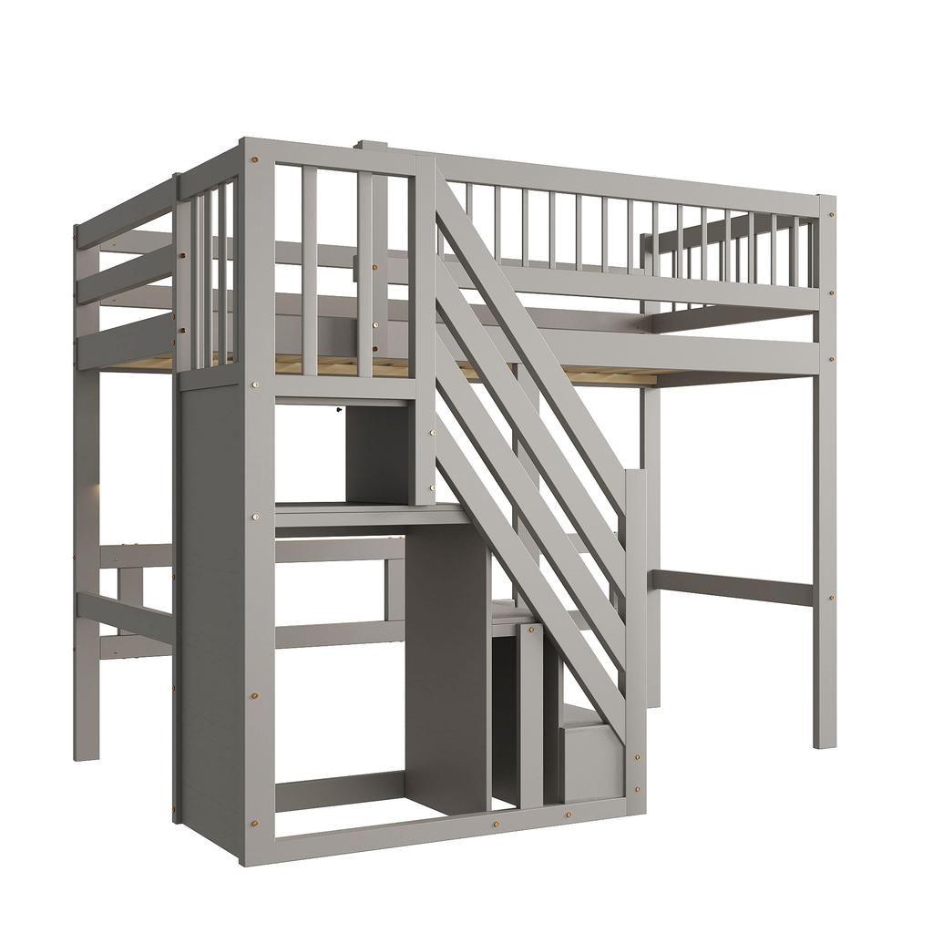 Letto in Legno Massello 90*200, Scaletta con Armadietto, Letto per Bambini, Letto per Ragazzi, Letto Singolo, Struttura in Legno Massello, Versione Alta, Grigio