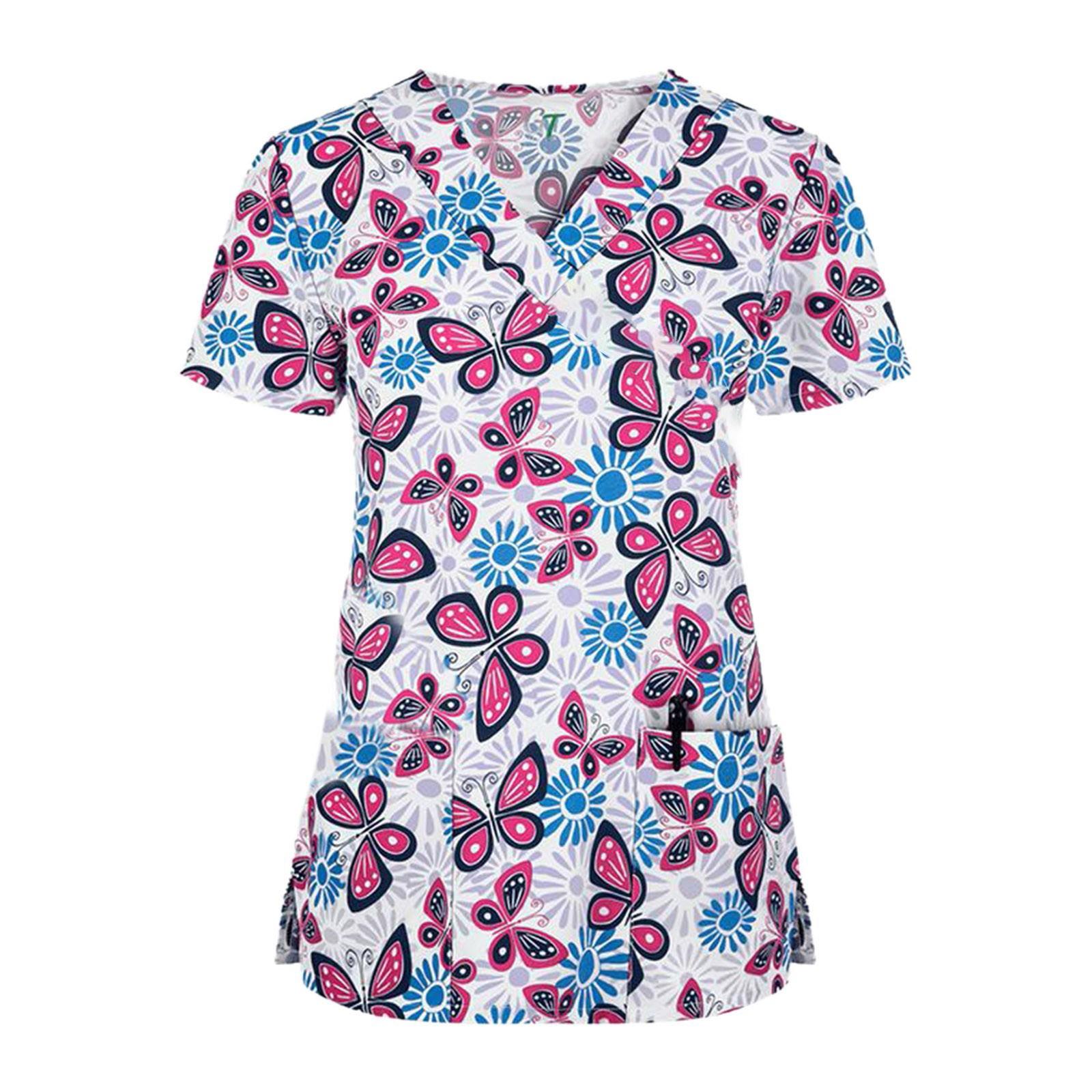 

Женская блузка с коротким рукавом и v-образным вырезом, рабочая форма, топы с мультяшным принтом S розовый