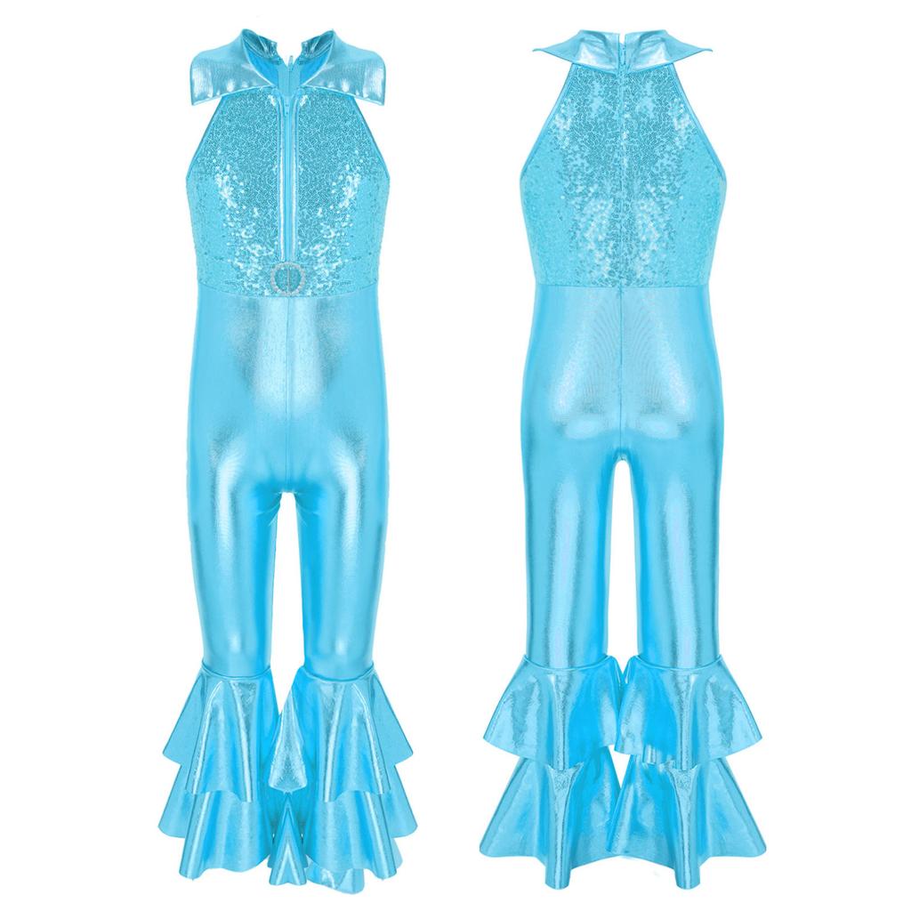 YOOJIA Combinaison Pailletée Franges Pour Enfant Fille Jumpsuit Pailleté Métallisé Avec Pantalon Évasé Tenue De Danse Disco Argenté 5-6 Ans