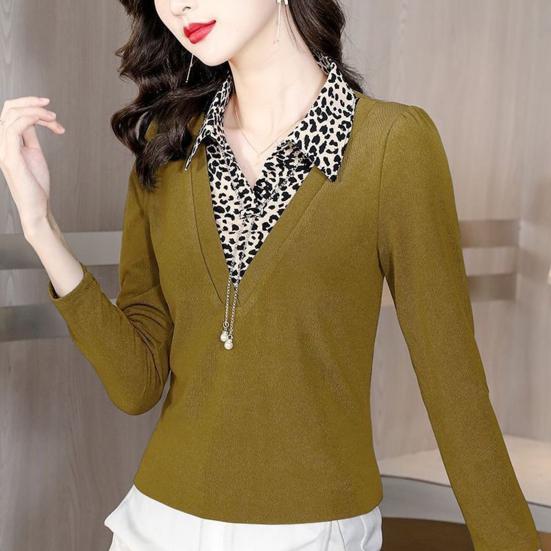 Women Leopard Print Jacket Patchwork Fake Two-Piece T-shirt Spring Autumn Casual Long