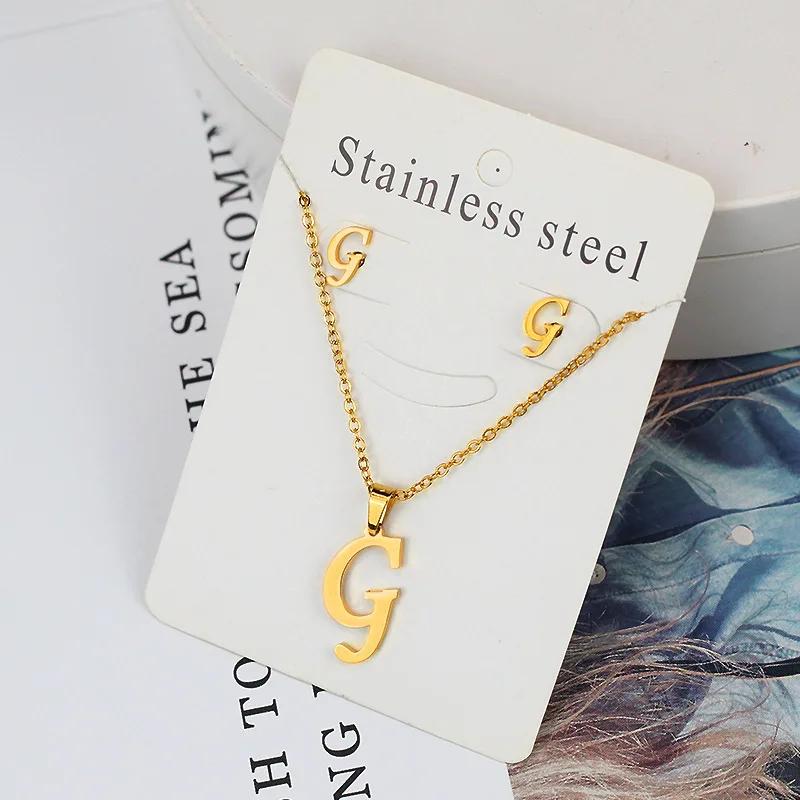 Stainless Steel Letter Necklace Bracelet Earring Zircon Set for Women Alphabet Pendant Necklace Party Gift