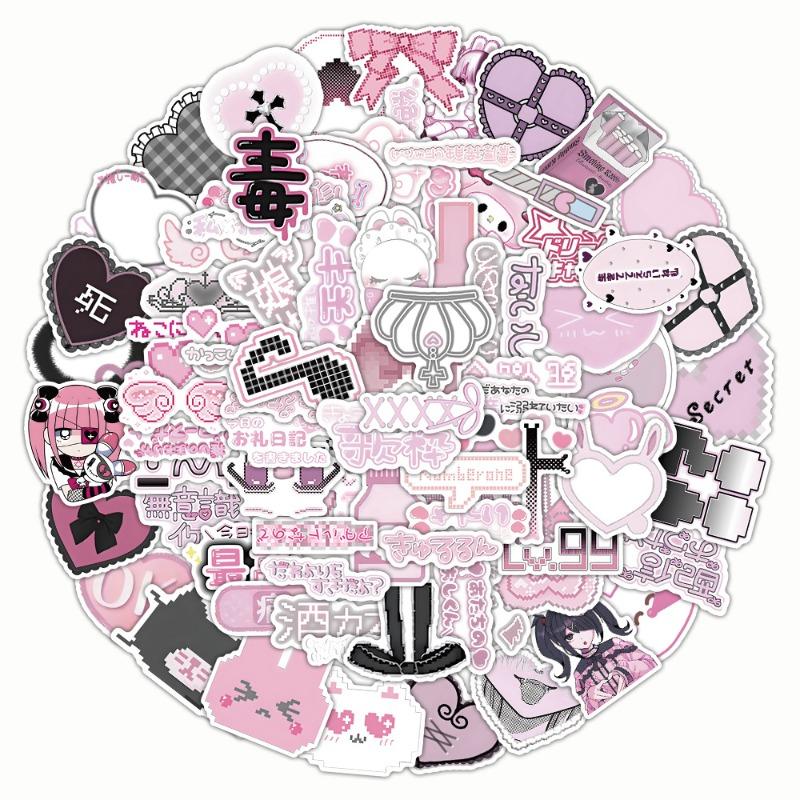 100 Sheets/set Black Pink Retro Japanese Stickers Cute Cartoon Aesthetic DIY Decals for Phone Laptop  Vintage Scrapbook Supplies