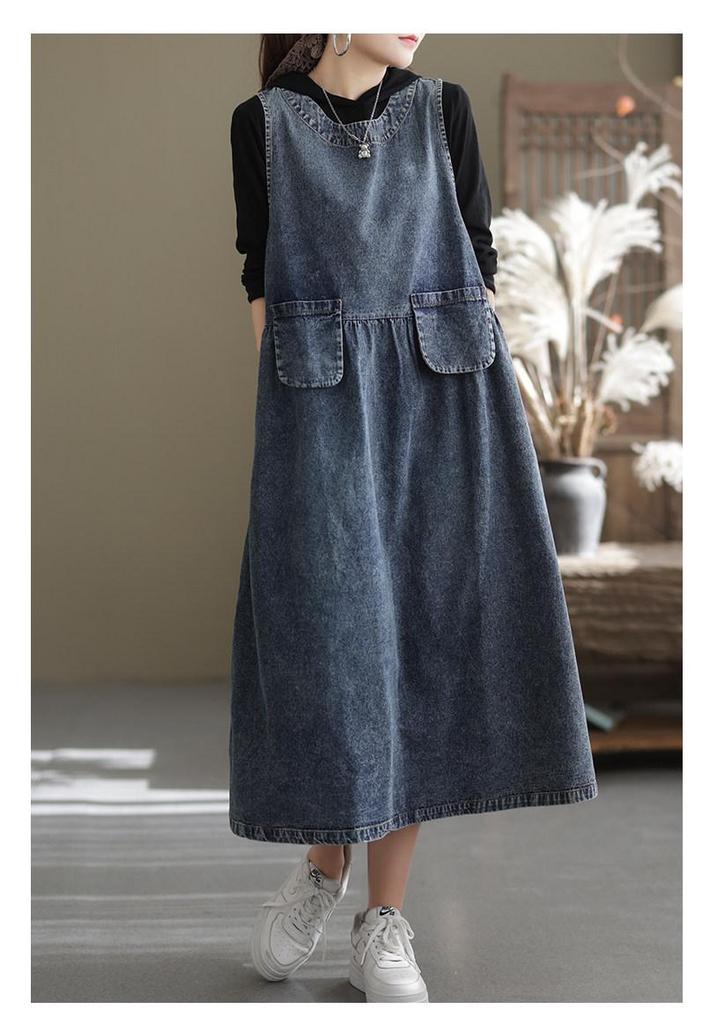 Women's Casual Denim Dress - Mid-Length, Round Neck, Loose Slimming Fit, Retro Style, Plus Size, Perfect for Spring and Summer