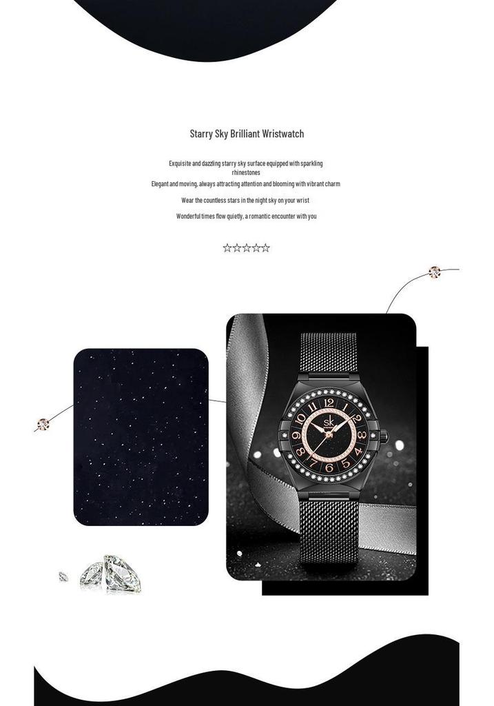 SK Women's Luxury Waterproof Quartz Watch with Leather Strap and Diamond Accents