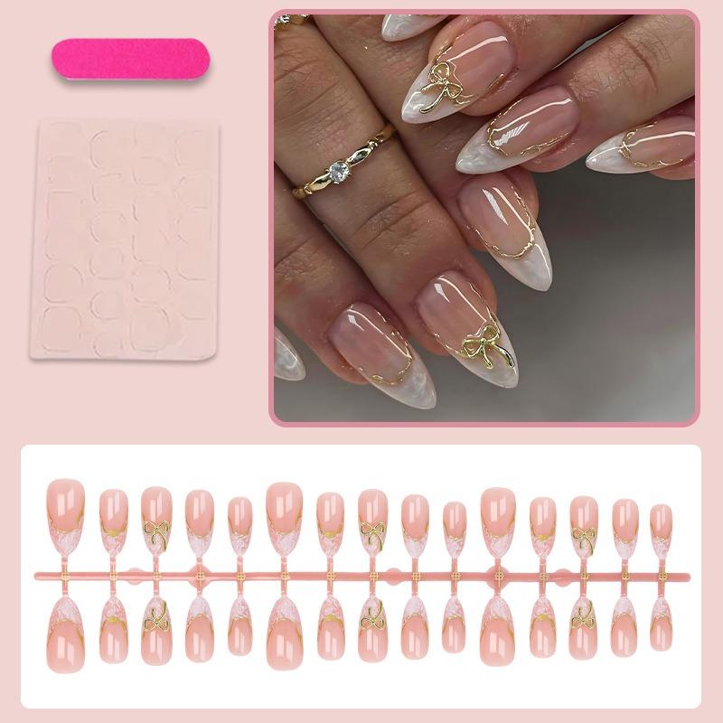 French Bow Press On Nails Almond Shaped Gold Line Nail Tips